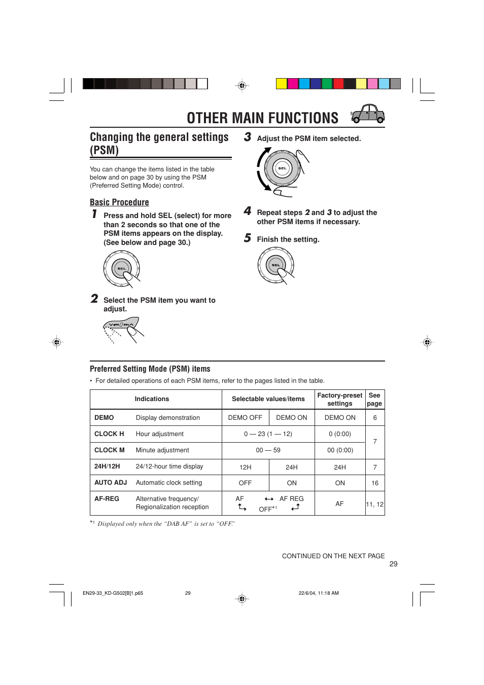 Other main functions, Changing the general settings (psm), Basic procedure | JVC KD-G502 User Manual | Page 29 / 50