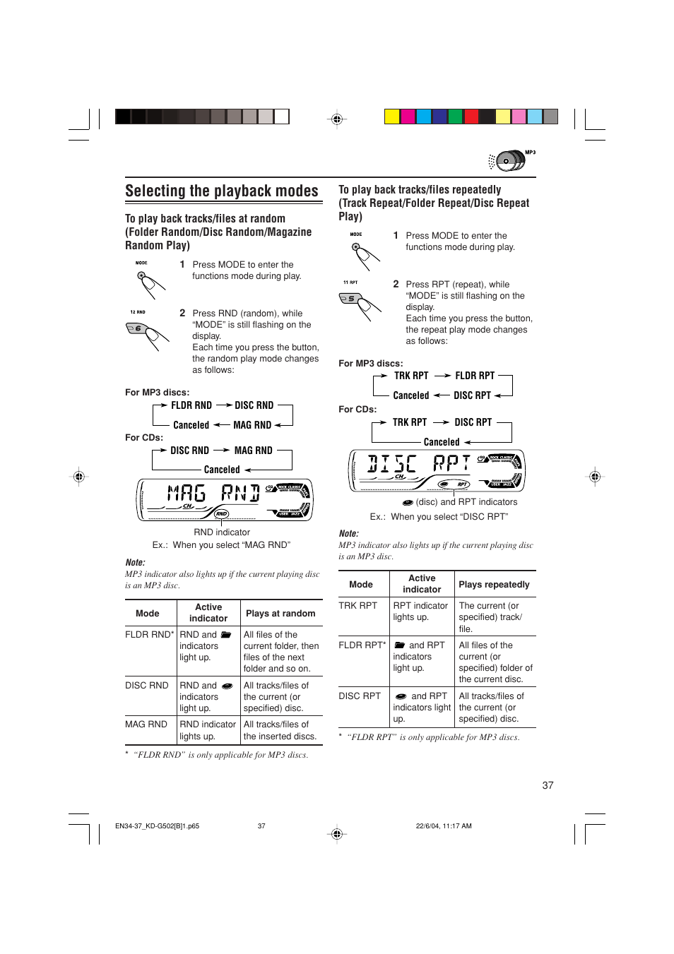 Selecting the playback modes | JVC KD-G502 User Manual | Page 37 / 50