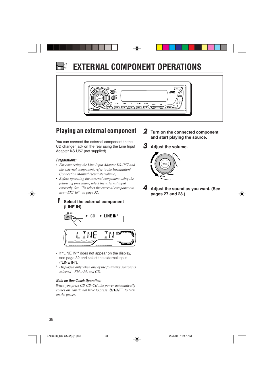 External component operations, Playing an external component | JVC KD-G502 User Manual | Page 38 / 50