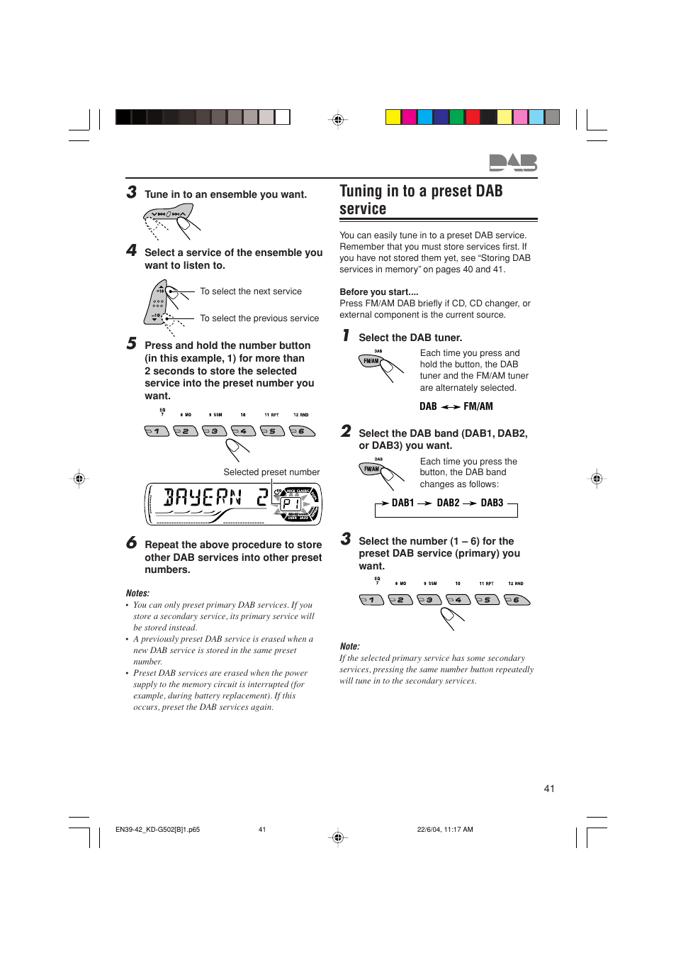 Tuning in to a preset dab service | JVC KD-G502 User Manual | Page 41 / 50