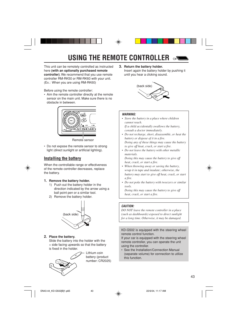 Using the remote controller, Installing the battery | JVC KD-G502 User Manual | Page 43 / 50