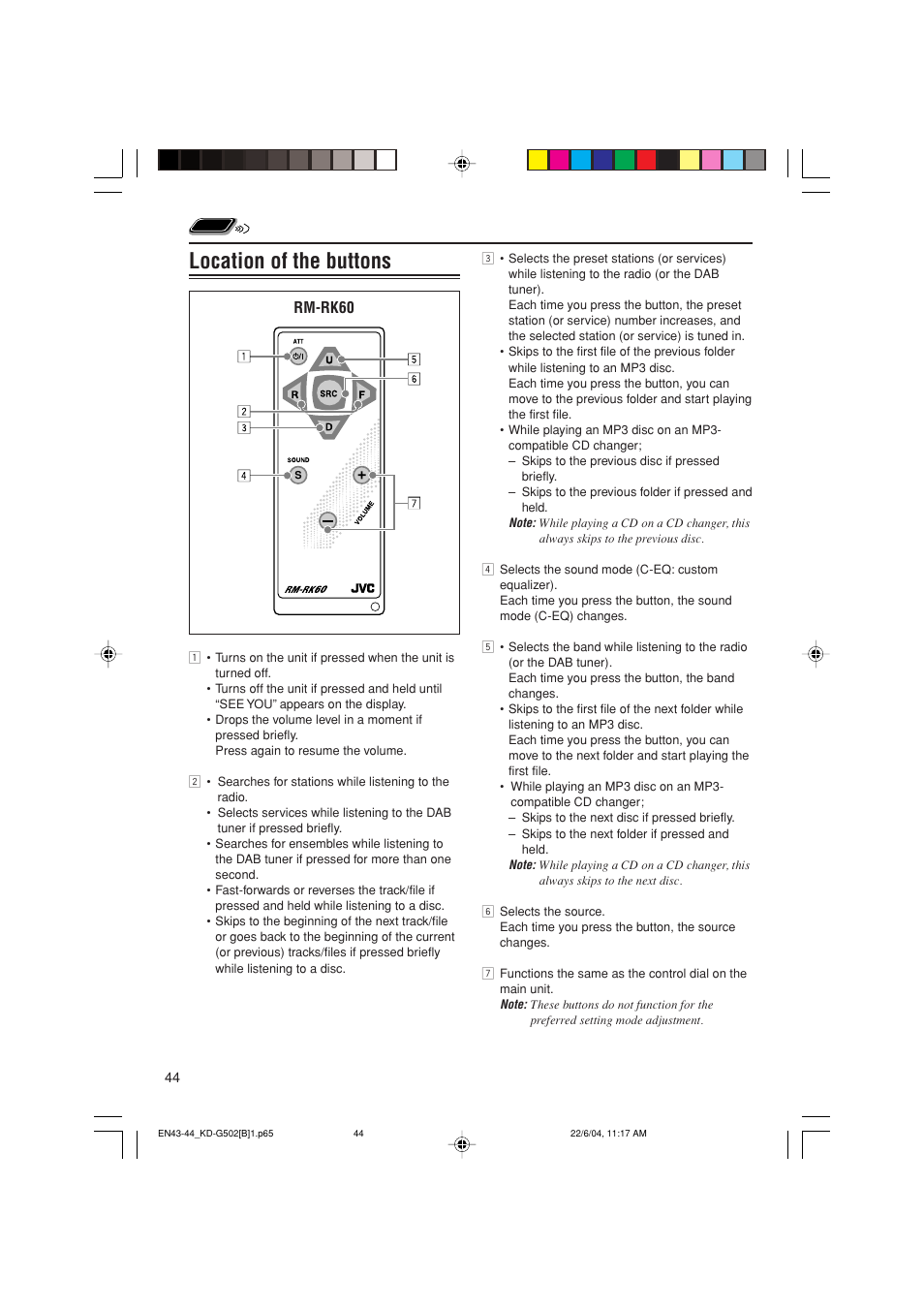 Location of the buttons, Rm-rk60 | JVC KD-G502 User Manual | Page 44 / 50