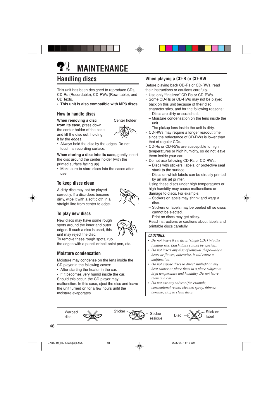 Maintenance, Handling discs | JVC KD-G502 User Manual | Page 48 / 50