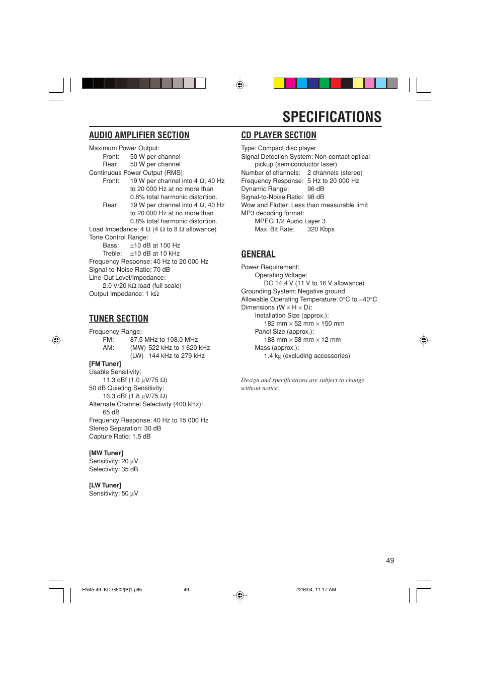Specifications, General | JVC KD-G502 User Manual | Page 49 / 50
