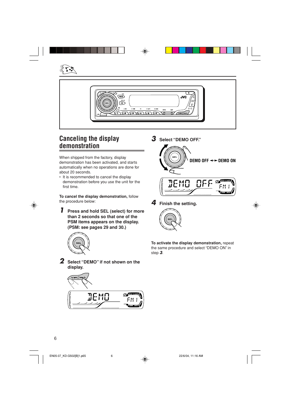 Canceling the display demonstration | JVC KD-G502 User Manual | Page 6 / 50