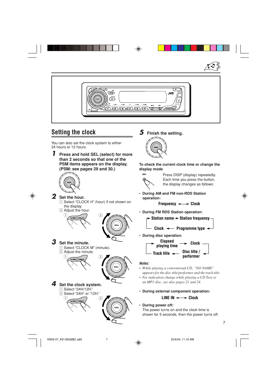 Setting the clock | JVC KD-G502 User Manual | Page 7 / 50