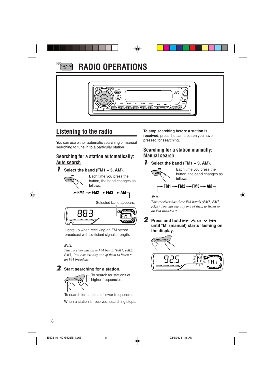 Radio operations, Listening to the radio | JVC KD-G502 User Manual | Page 8 / 50