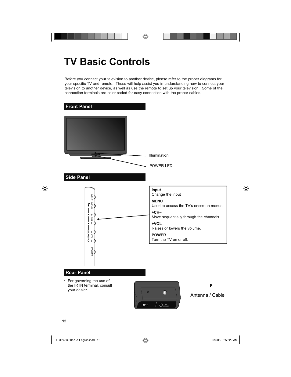 Tv basic controls, Front panel, Side panel | Rear panel, Front panel side panel, Rear panel antenna / cable | JVC 0508TSH-II-IM User Manual | Page 12 / 68