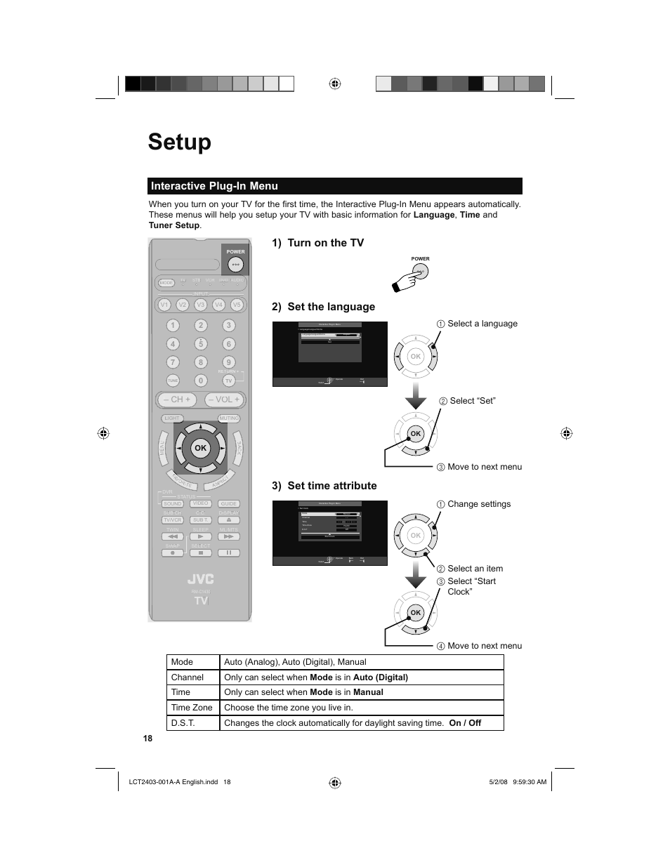 Setup, Interactive plug-in menu, 1) turn on the tv | 3) set time attribute, 2) set the language, Menu, Back, 2select “set” 3 move to next menu | JVC 0508TSH-II-IM User Manual | Page 18 / 68