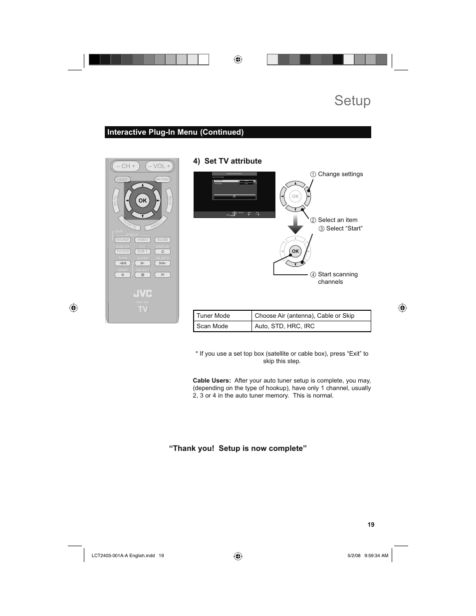 Setup, 4) set tv attribute, Interactive plug-in menu (continued) | Menu, Back, 1change settings | JVC 0508TSH-II-IM User Manual | Page 19 / 68
