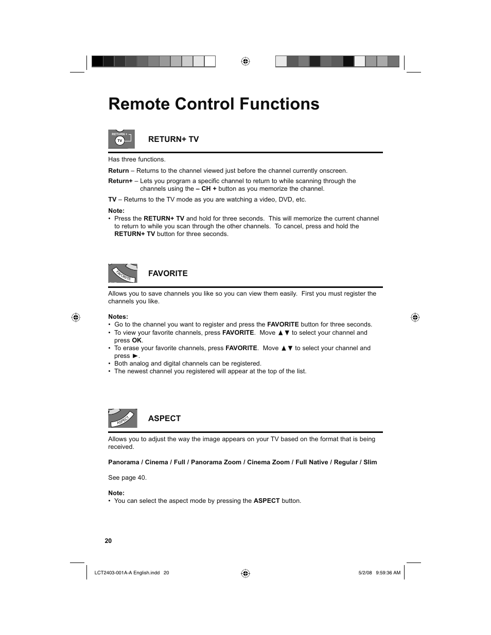 Remote control functions, Return+ tv, Favorite | Aspect | JVC 0508TSH-II-IM User Manual | Page 20 / 68