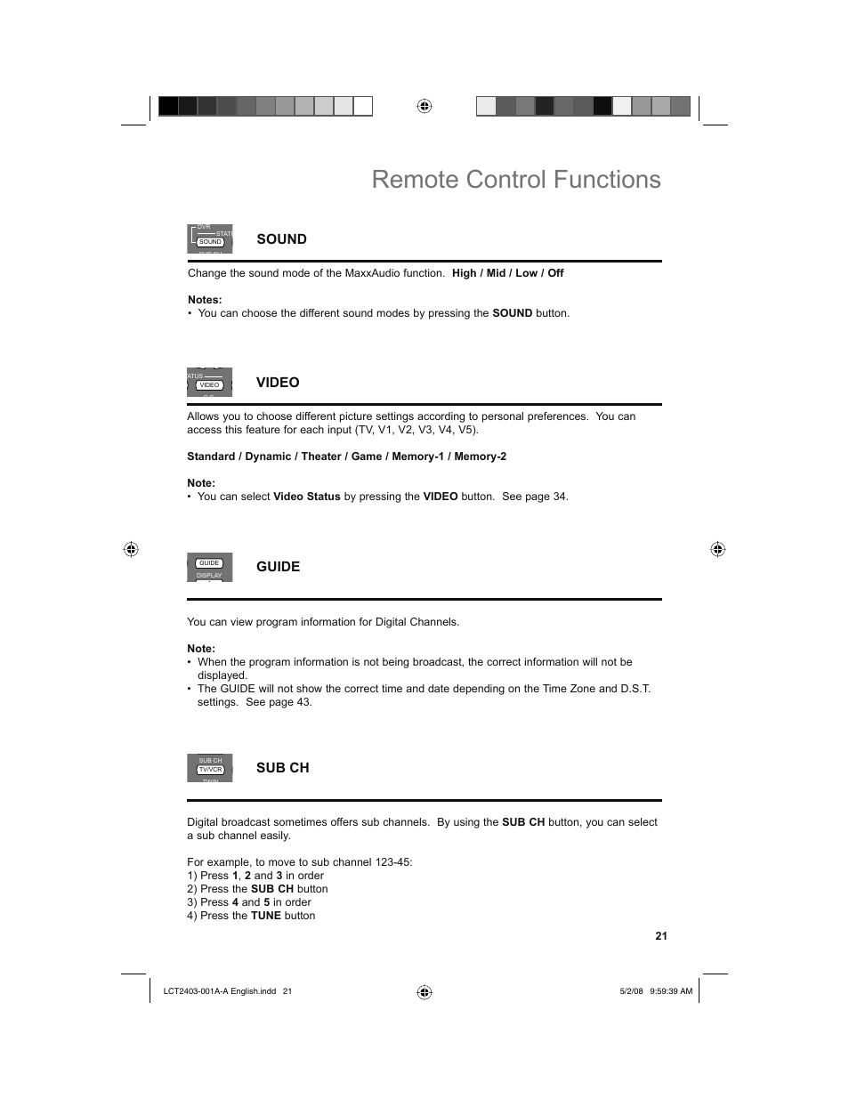 Sound, Video, Guide | Sub ch, Remote control functions, Sound guide video | JVC 0508TSH-II-IM User Manual | Page 21 / 68