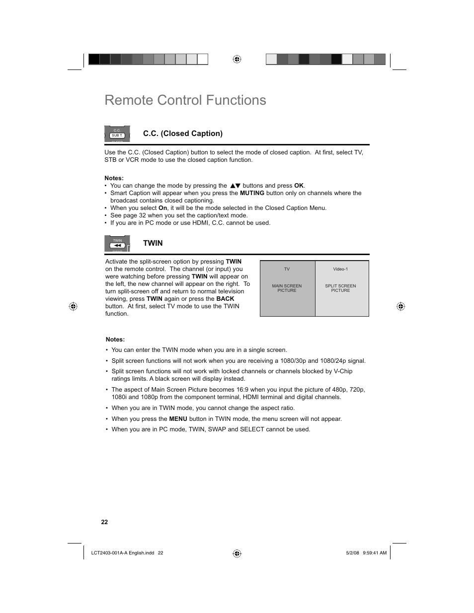 C.c. (closed caption), Twin, Remote control functions | JVC 0508TSH-II-IM User Manual | Page 22 / 68