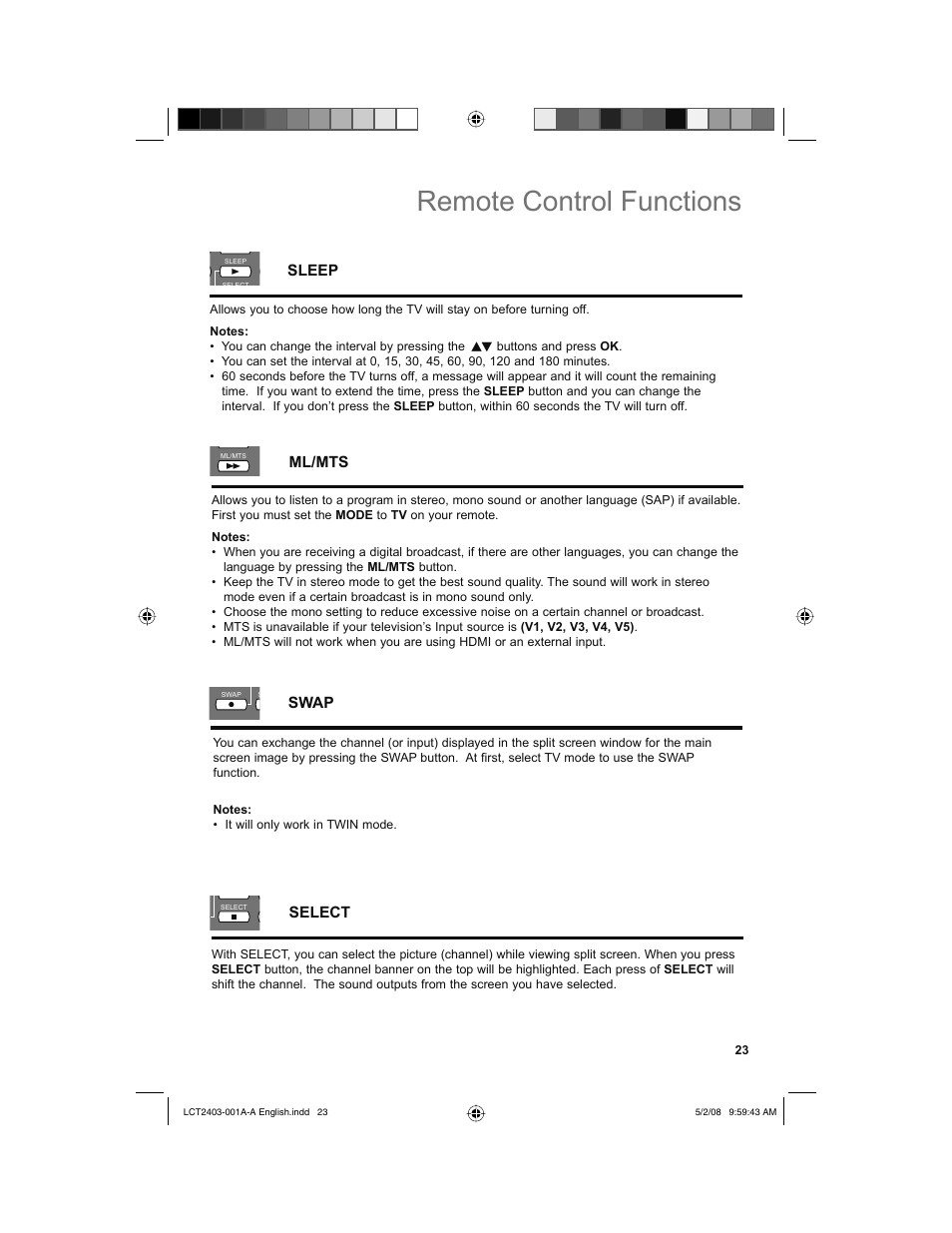 Sleep, Ml/mts, Swap | Select, Remote control functions | JVC 0508TSH-II-IM User Manual | Page 23 / 68