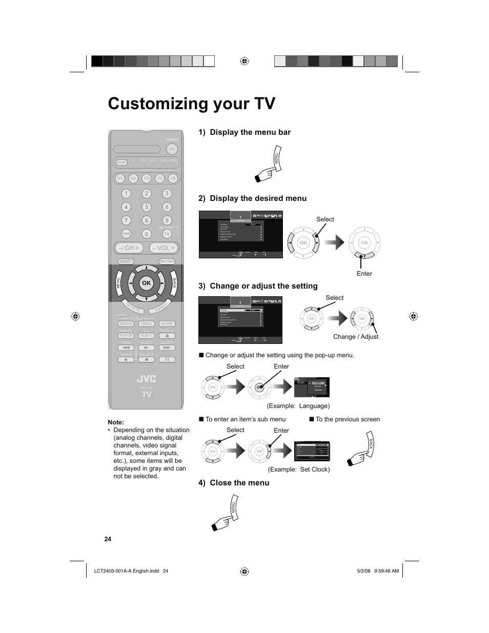 Customizing your tv, 1) display the menu bar, 2) display the desired menu | 3) change or adjust the setting, 4) close the menu, Back menu, Select, Enter, Enter ■ to the previous screen, Example: language) | JVC 0508TSH-II-IM User Manual | Page 24 / 68