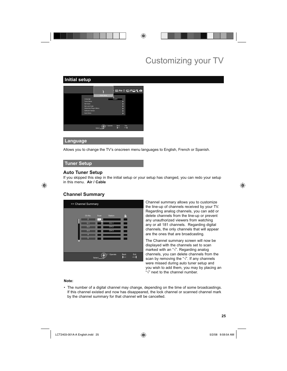 Initial setup, Language, Tuner setup | Customizing your tv, Tuner setup auto tuner setup, Channel summary | JVC 0508TSH-II-IM User Manual | Page 25 / 68