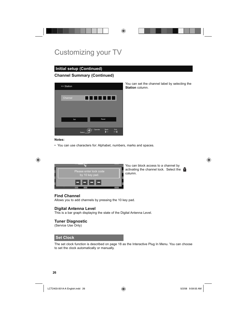 Set clock, Customizing your tv, Channel summary (continued) | Initial setup (continued) find channel, Digital antenna level, Tuner diagnostic | JVC 0508TSH-II-IM User Manual | Page 26 / 68