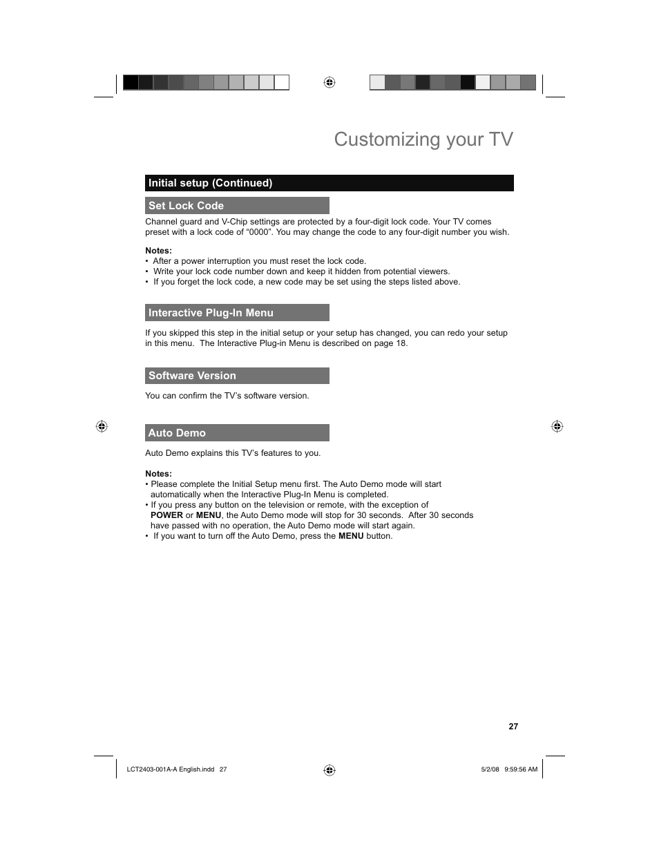 Set lock code, Interactive plug-in menu, Software version | Auto demo, Customizing your tv | JVC 0508TSH-II-IM User Manual | Page 27 / 68