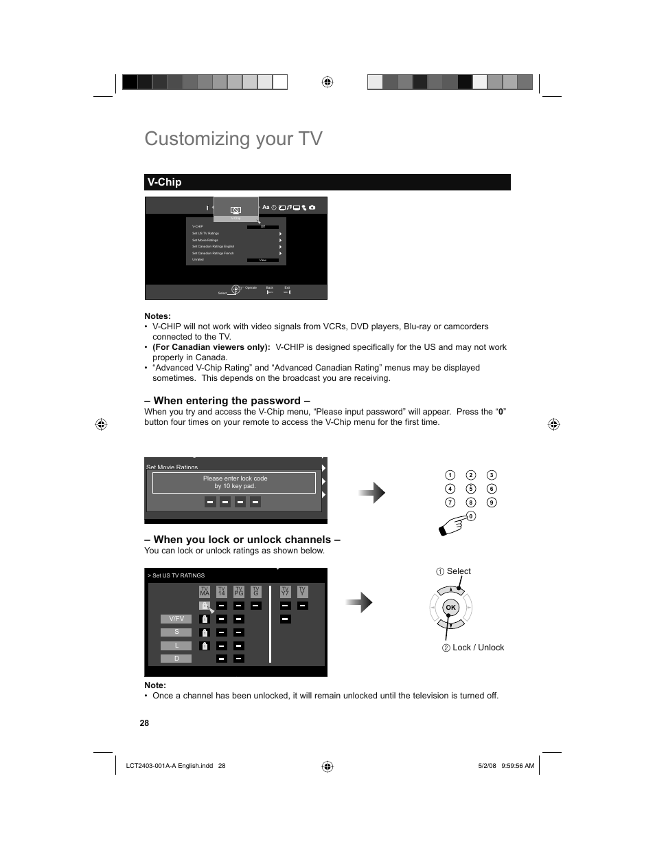 V-chip, Customizing your tv, When entering the password | When you lock or unlock channels | JVC 0508TSH-II-IM User Manual | Page 28 / 68
