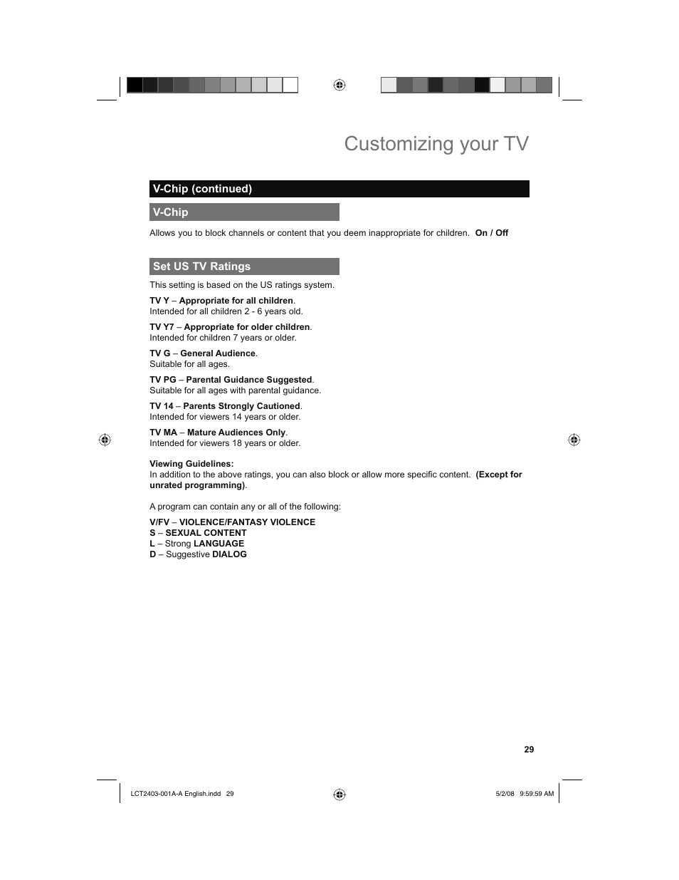 V-chip, Set us tv ratings, Customizing your tv | JVC 0508TSH-II-IM User Manual | Page 29 / 68