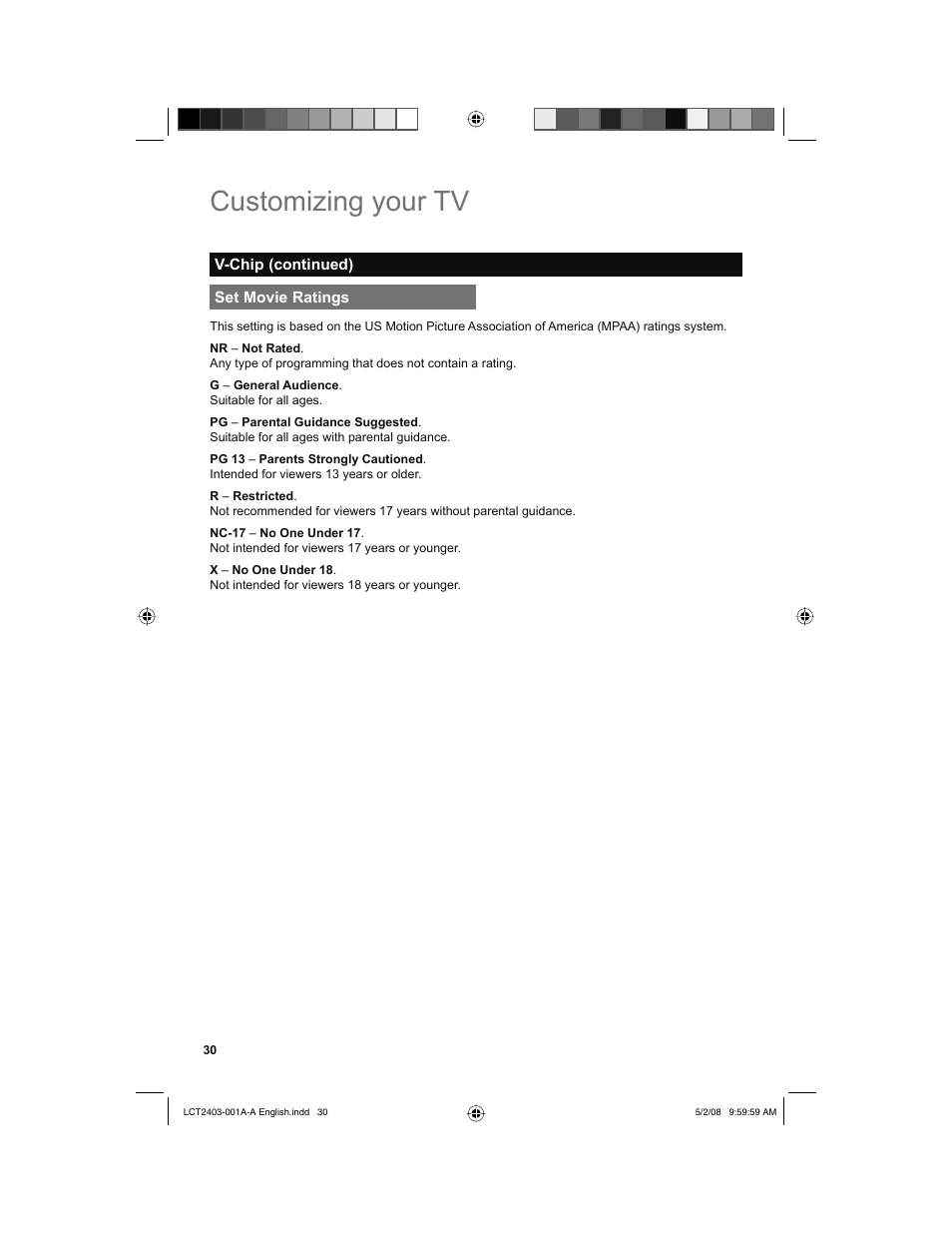 Set movie ratings, Customizing your tv | JVC 0508TSH-II-IM User Manual | Page 30 / 68