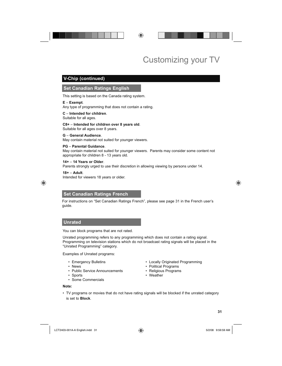 Set canadian ratings english, Set canadian ratings french, Unrated | Customizing your tv | JVC 0508TSH-II-IM User Manual | Page 31 / 68