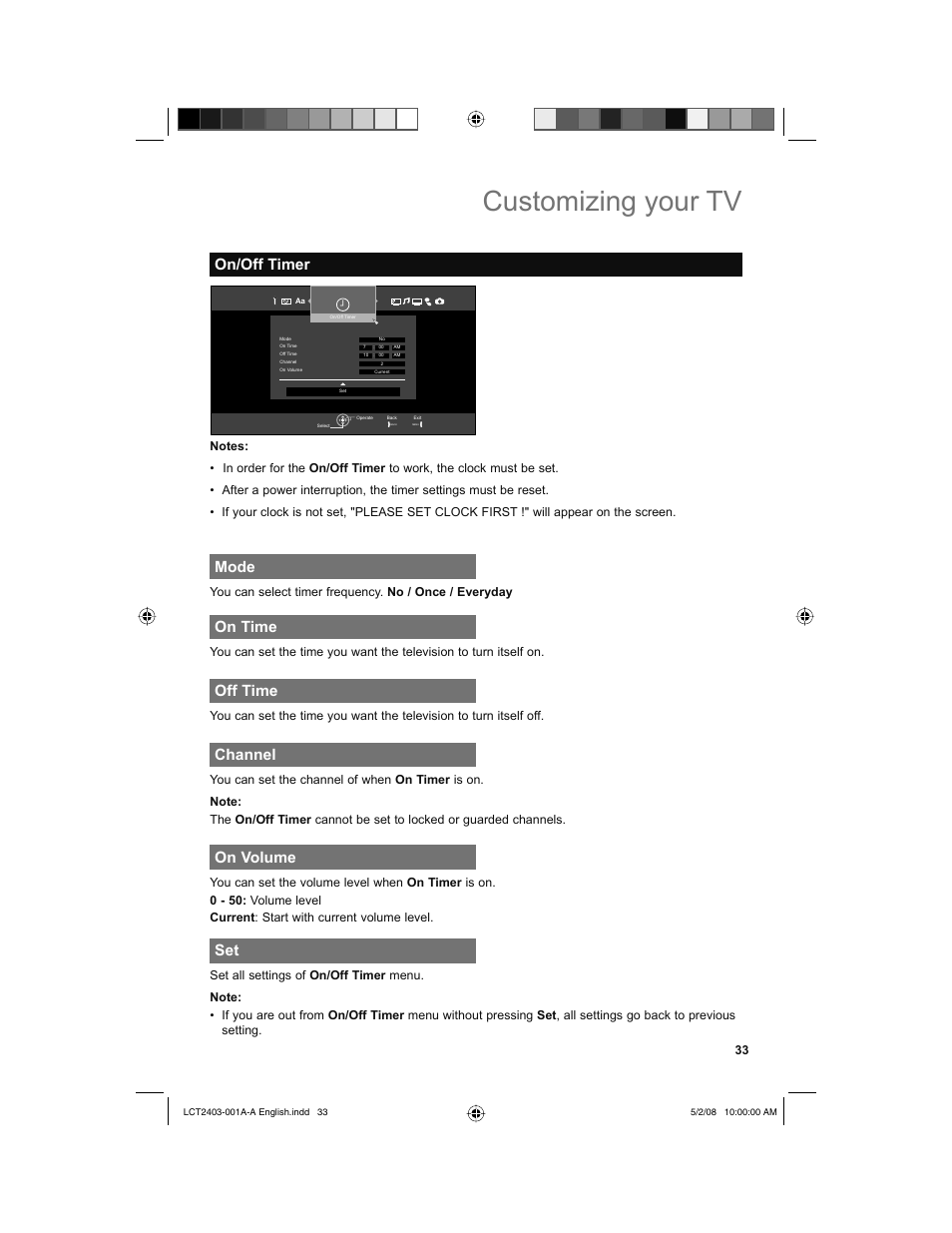 On/off timer, Mode, On time | Off time, Channel, On volume, Customizing your tv | JVC 0508TSH-II-IM User Manual | Page 33 / 68