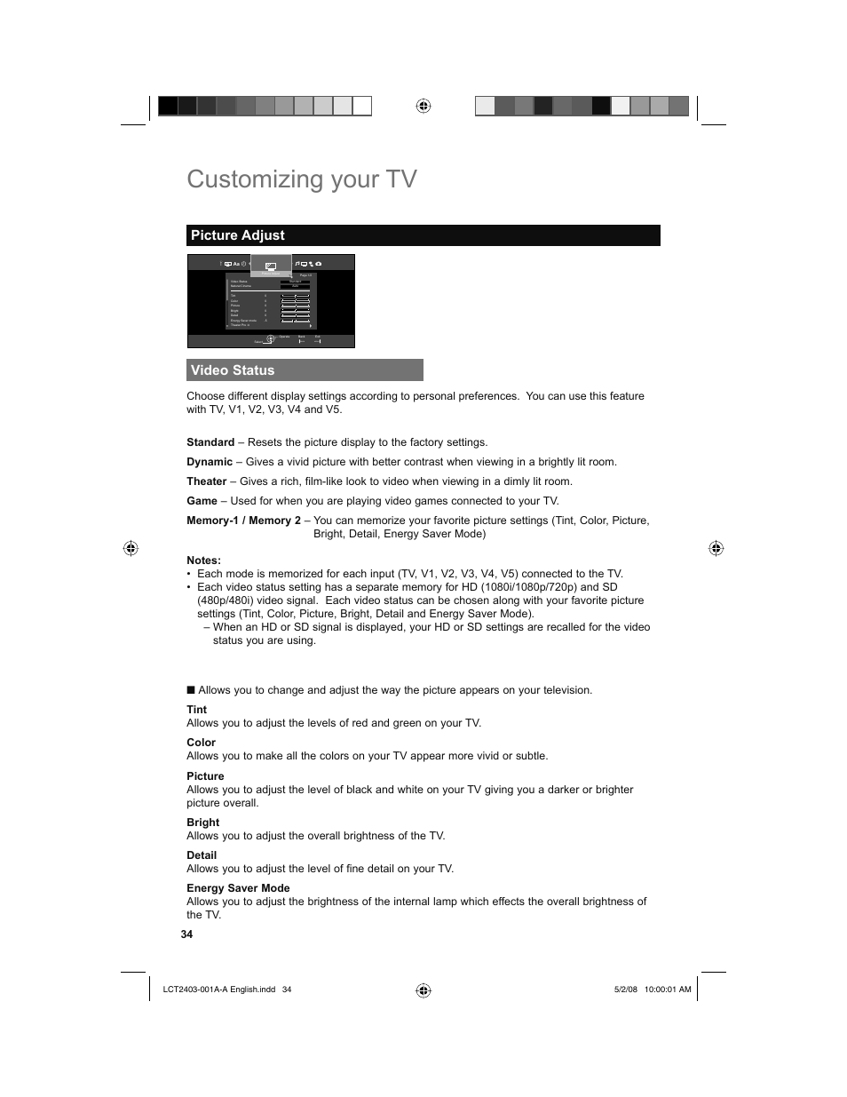 Picture adjust, Video status, Customizing your tv | Picture adjust video status, Back menu | JVC 0508TSH-II-IM User Manual | Page 34 / 68