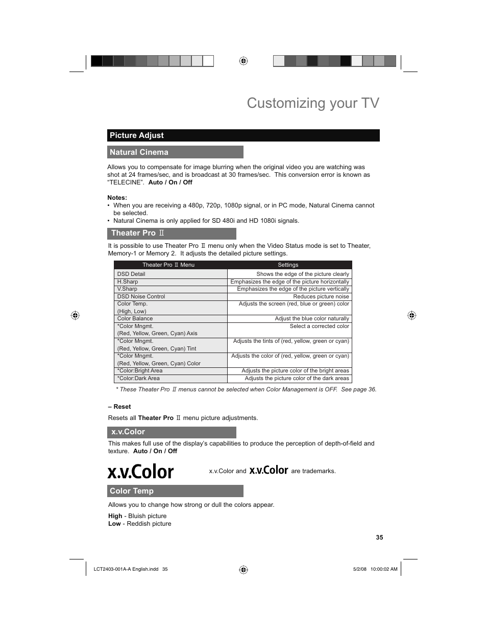Natural cinema, Theater pro ii, X.v.color | Color temp, Customizing your tv | JVC 0508TSH-II-IM User Manual | Page 35 / 68