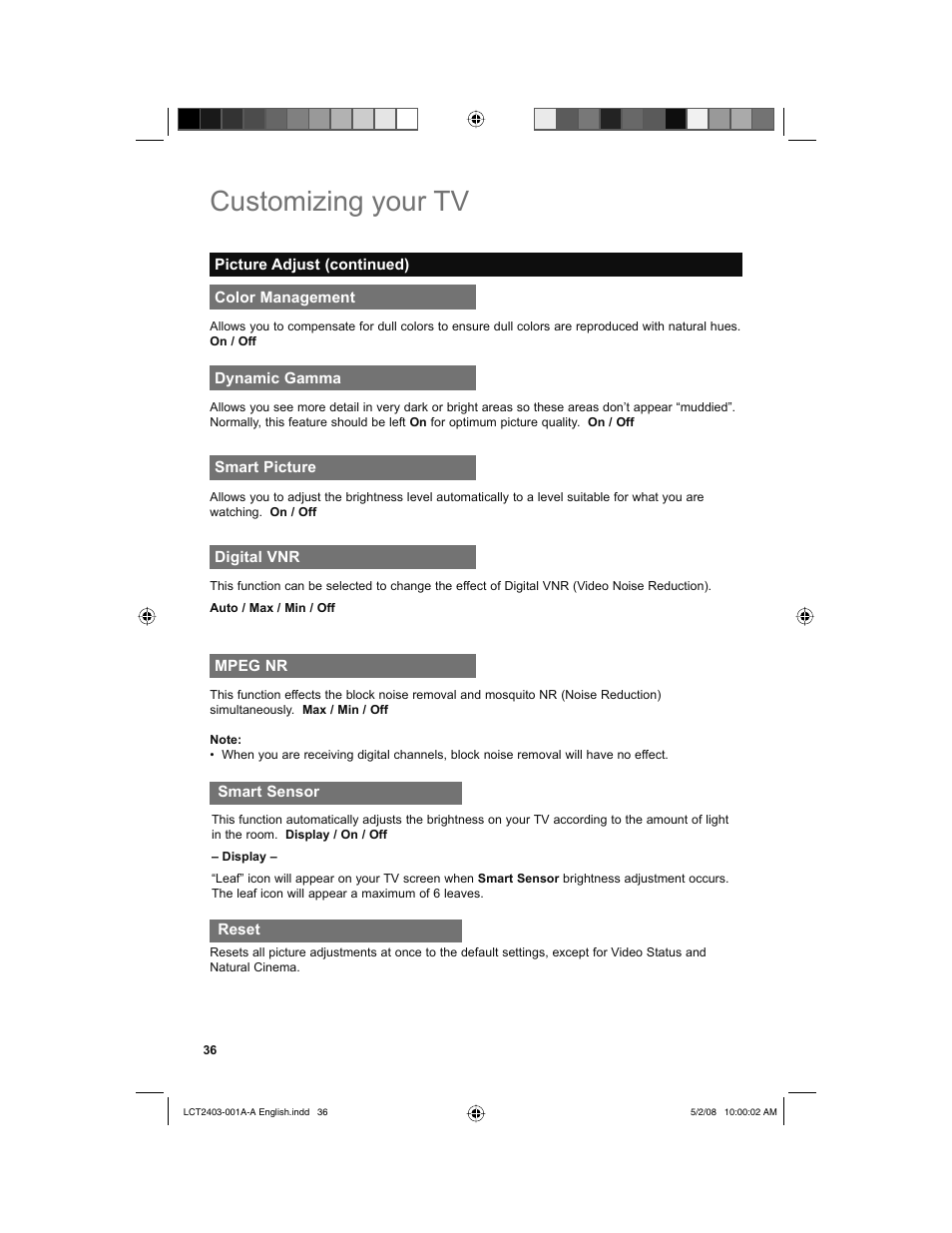 Color management, Dynamic gamma, Smart picture | Digital vnr, Mpeg nr, Smart sensor, Reset, Customizing your tv | JVC 0508TSH-II-IM User Manual | Page 36 / 68