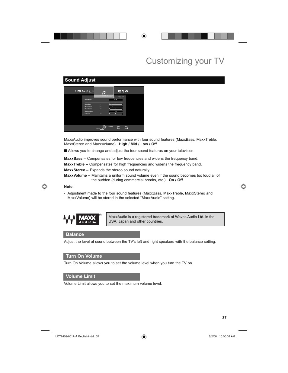 Sound adjust, Balance, Turn on volume | Volume limit, Customizing your tv, Turn on volume volume limit | JVC 0508TSH-II-IM User Manual | Page 37 / 68