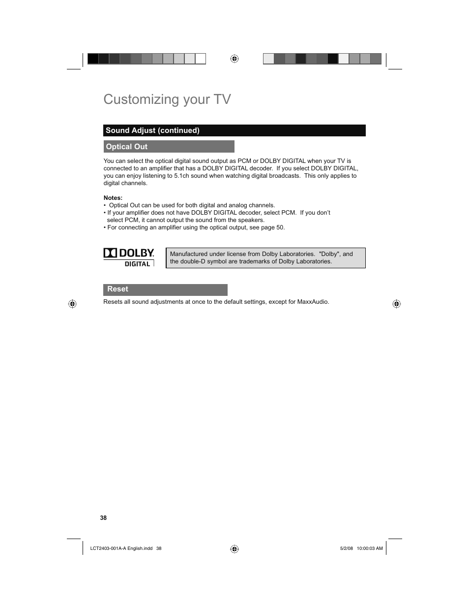 Optical out, Reset, Customizing your tv | JVC 0508TSH-II-IM User Manual | Page 38 / 68