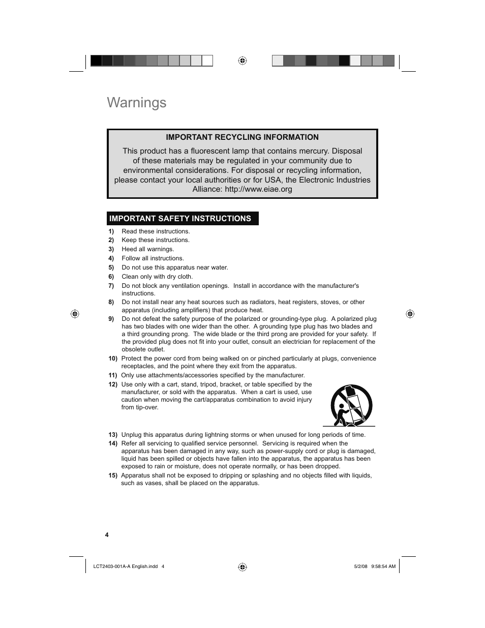 Important safety instructions, Warnings | JVC 0508TSH-II-IM User Manual | Page 4 / 68