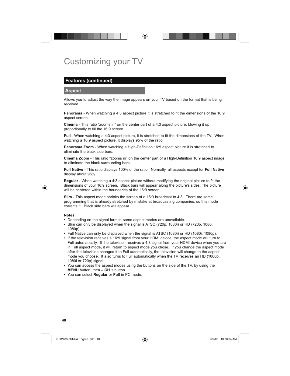Aspect, Customizing your tv | JVC 0508TSH-II-IM User Manual | Page 40 / 68