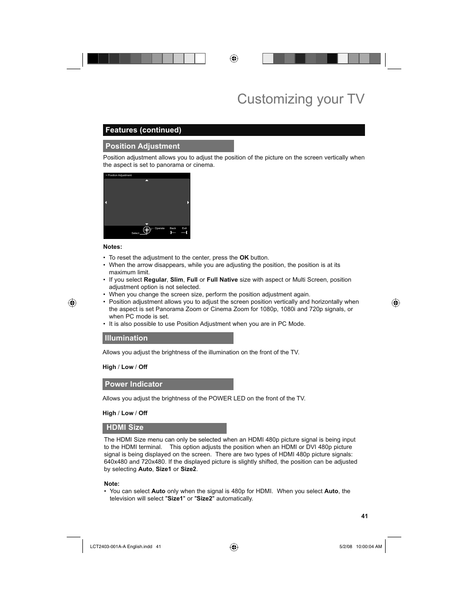 Position adjustment, Illumination, Power indicator | Hdmi size, Customizing your tv, Position adjustment features (continued) | JVC 0508TSH-II-IM User Manual | Page 41 / 68