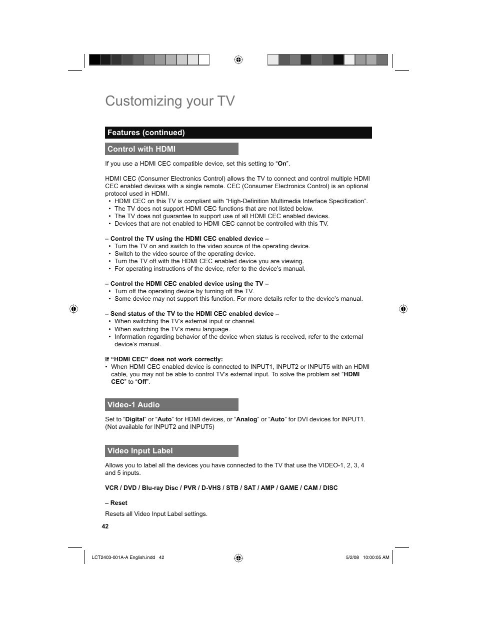 Control with hdmi, Video-1 audio, Video input label | Customizing your tv | JVC 0508TSH-II-IM User Manual | Page 42 / 68