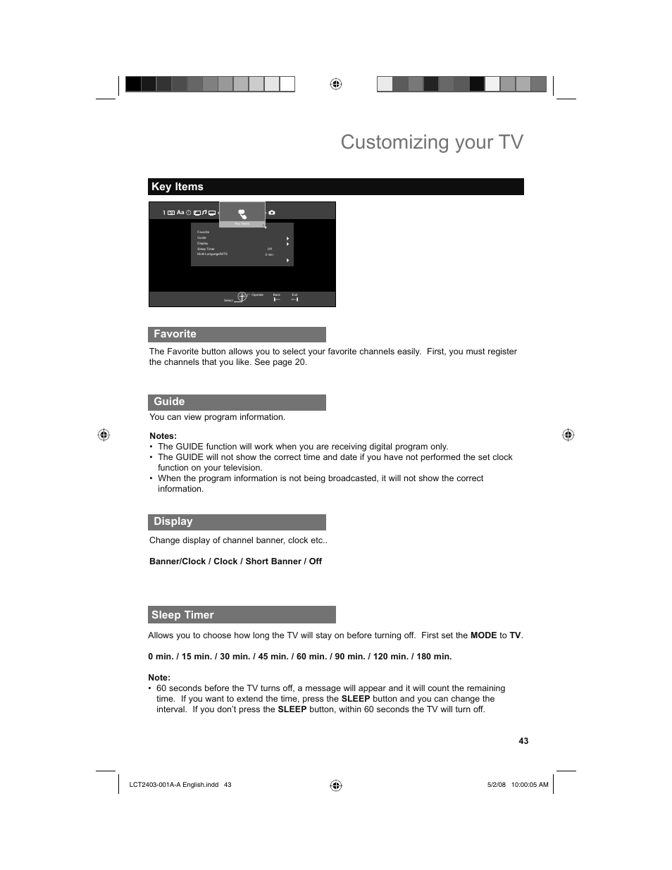 Key items, Favorite, Guide | Display, Sleep timer, Customizing your tv, Guide display | JVC 0508TSH-II-IM User Manual | Page 43 / 68