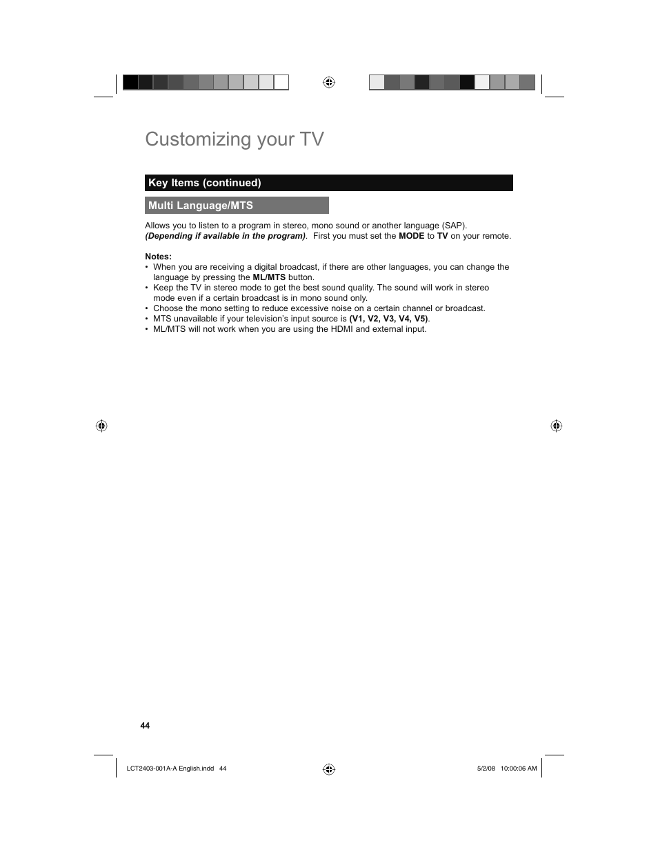 Multi language/mts, Customizing your tv | JVC 0508TSH-II-IM User Manual | Page 44 / 68