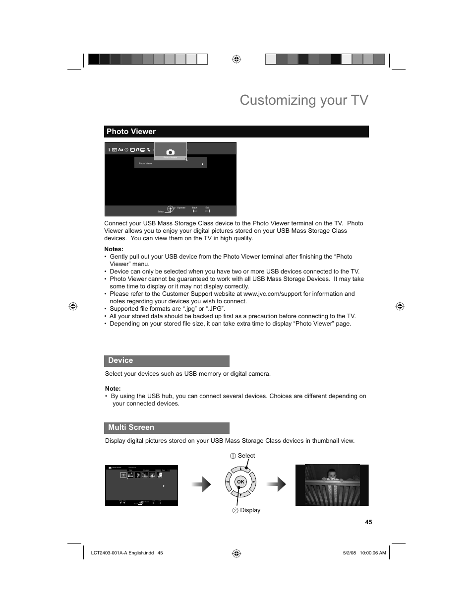 Photo viewer, Device, Multi screen | Customizing your tv, Back menu, 1select 2 display | JVC 0508TSH-II-IM User Manual | Page 45 / 68