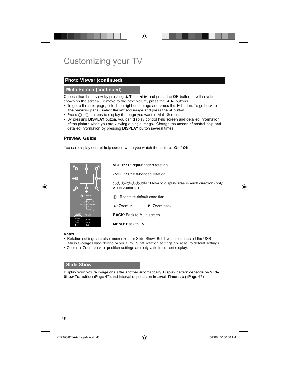 Slide show, Customizing your tv, Photo viewer (continued) | Preview guide, Multi screen (continued) | JVC 0508TSH-II-IM User Manual | Page 46 / 68