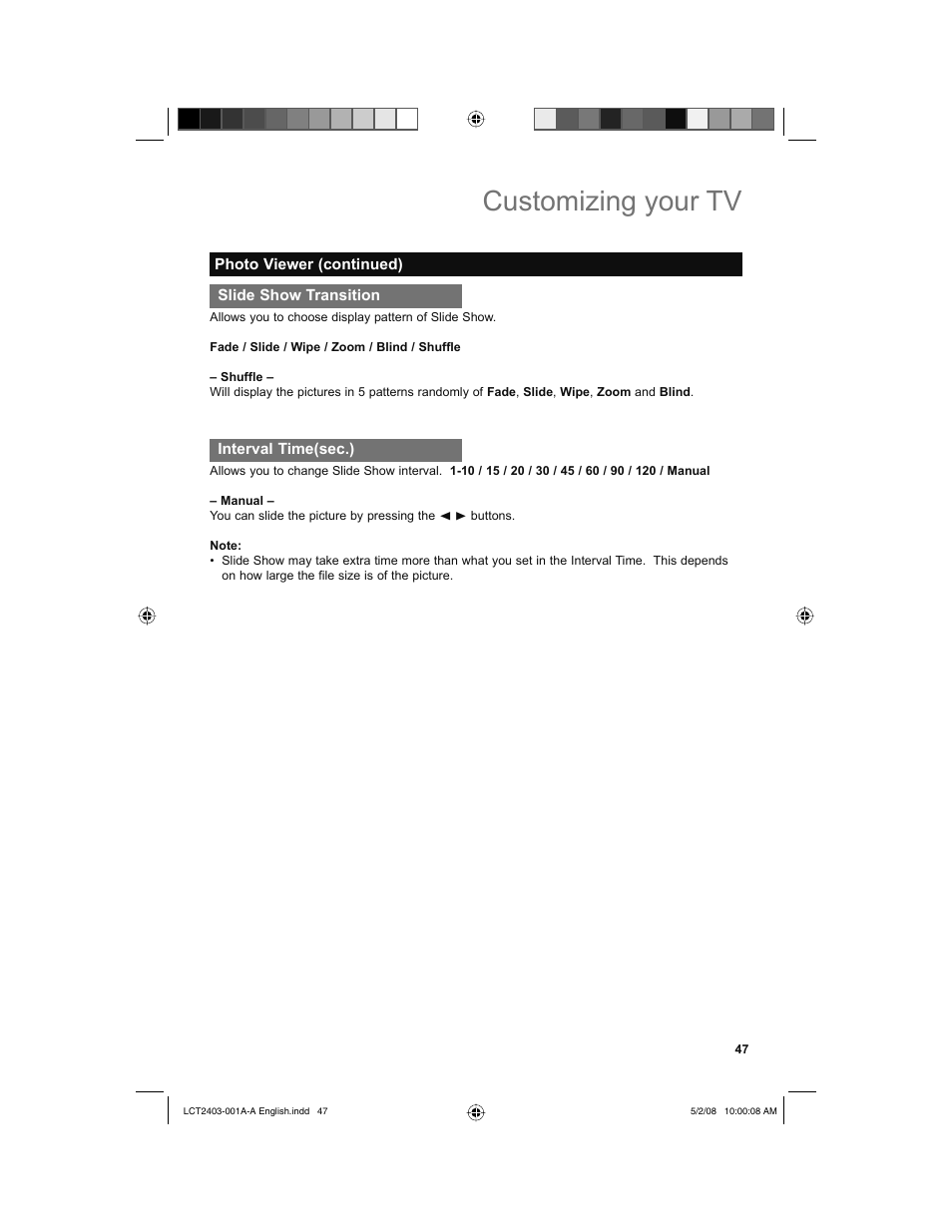 Slide show transition, Interval time(sec.), Customizing your tv | JVC 0508TSH-II-IM User Manual | Page 47 / 68