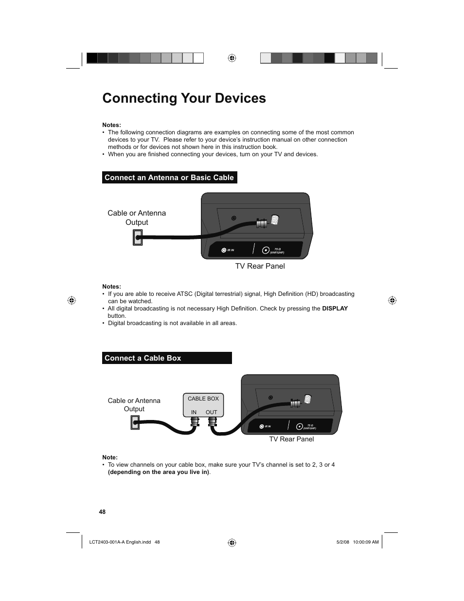 Connecting your devices, Connect an antenna or basic cable, Connect a cable box | JVC 0508TSH-II-IM User Manual | Page 48 / 68