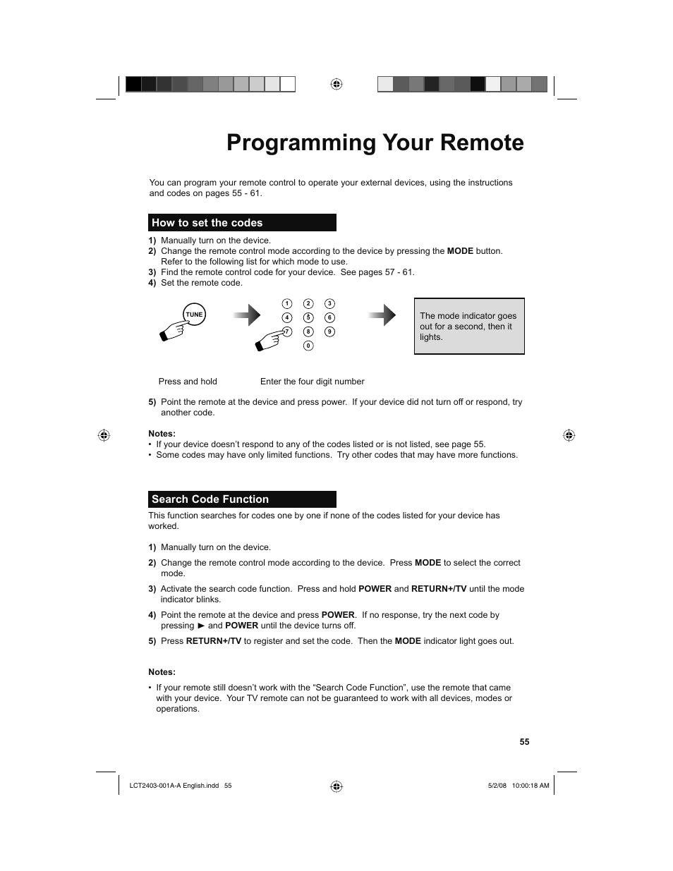 Programming your remote, How to set the codes, Search code function | JVC 0508TSH-II-IM User Manual | Page 55 / 68