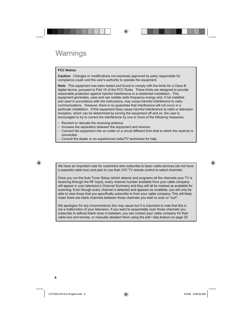 Warnings | JVC 0508TSH-II-IM User Manual | Page 6 / 68