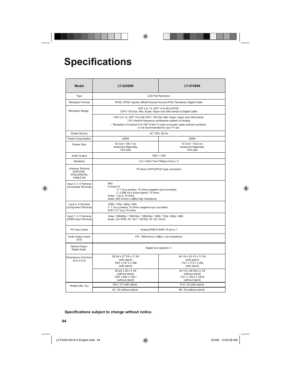 Specifi cations, Specifications subject to change without notice | JVC 0508TSH-II-IM User Manual | Page 64 / 68