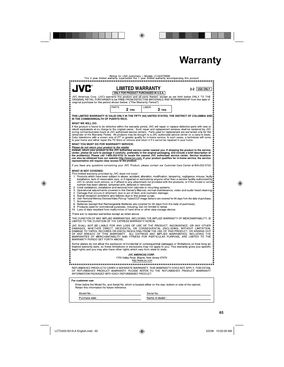 Warranty, Limited warranty | JVC 0508TSH-II-IM User Manual | Page 65 / 68