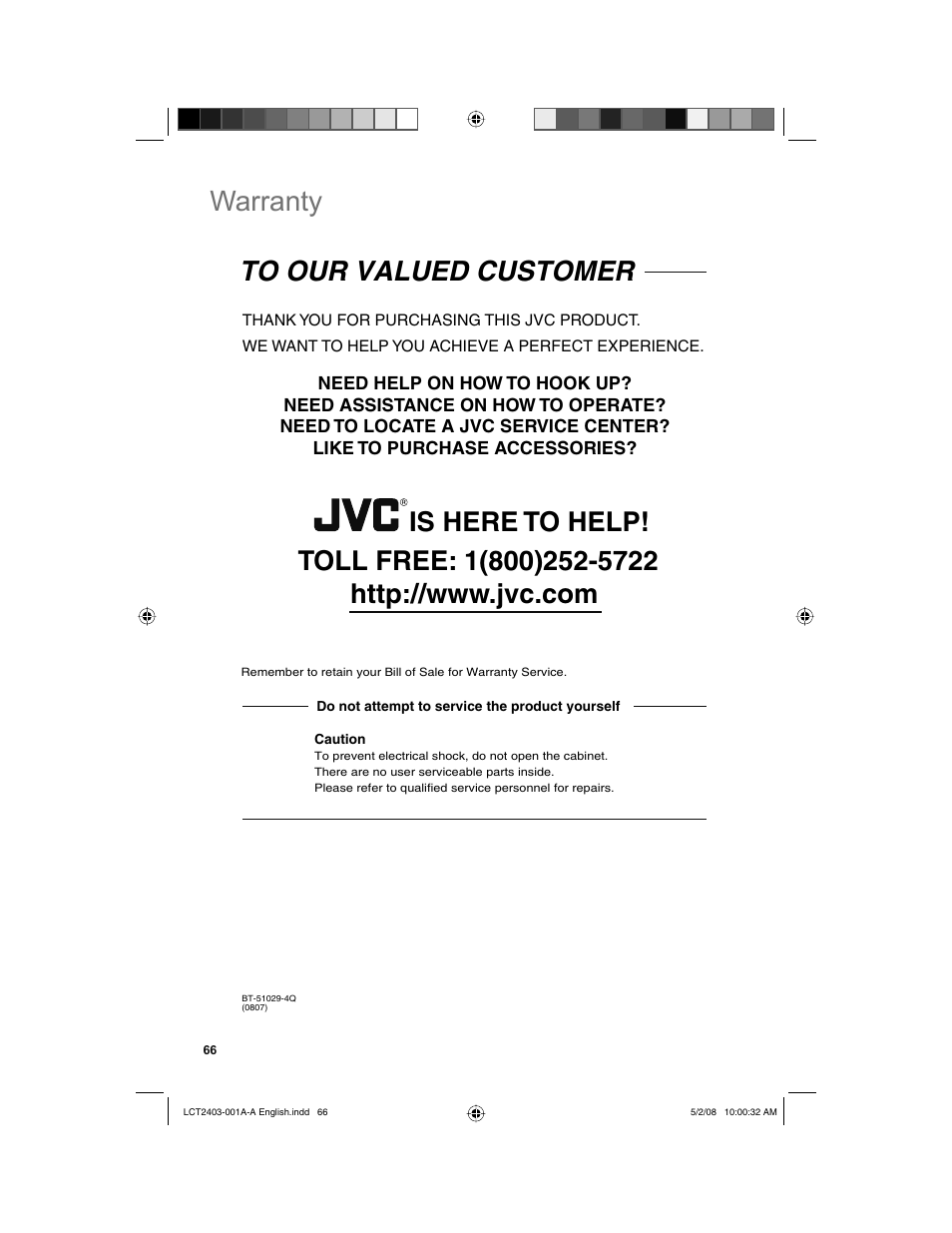 Warranty, Is here to help | JVC 0508TSH-II-IM User Manual | Page 66 / 68