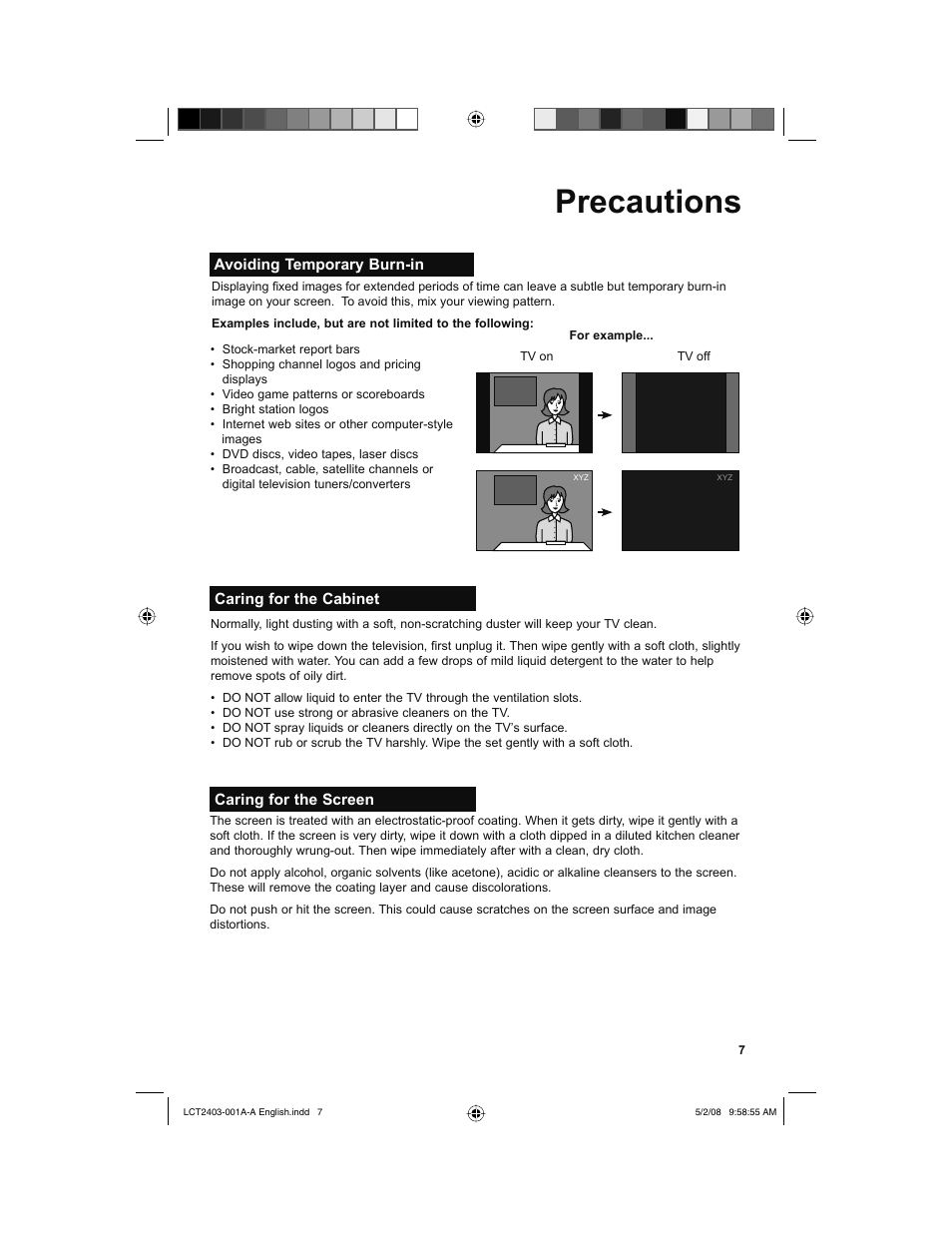 Precautions, Avoiding temporary burn-in, Caring for the cabinet | Caring for the screen | JVC 0508TSH-II-IM User Manual | Page 7 / 68