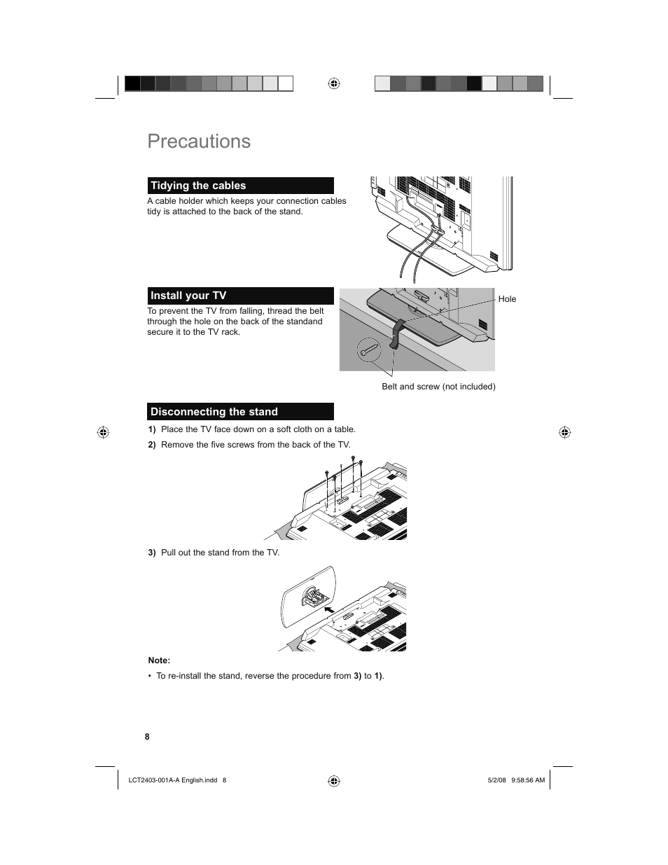 Tidying the cables, Install your tv, Disconnecting the stand | Precautions | JVC 0508TSH-II-IM User Manual | Page 8 / 68