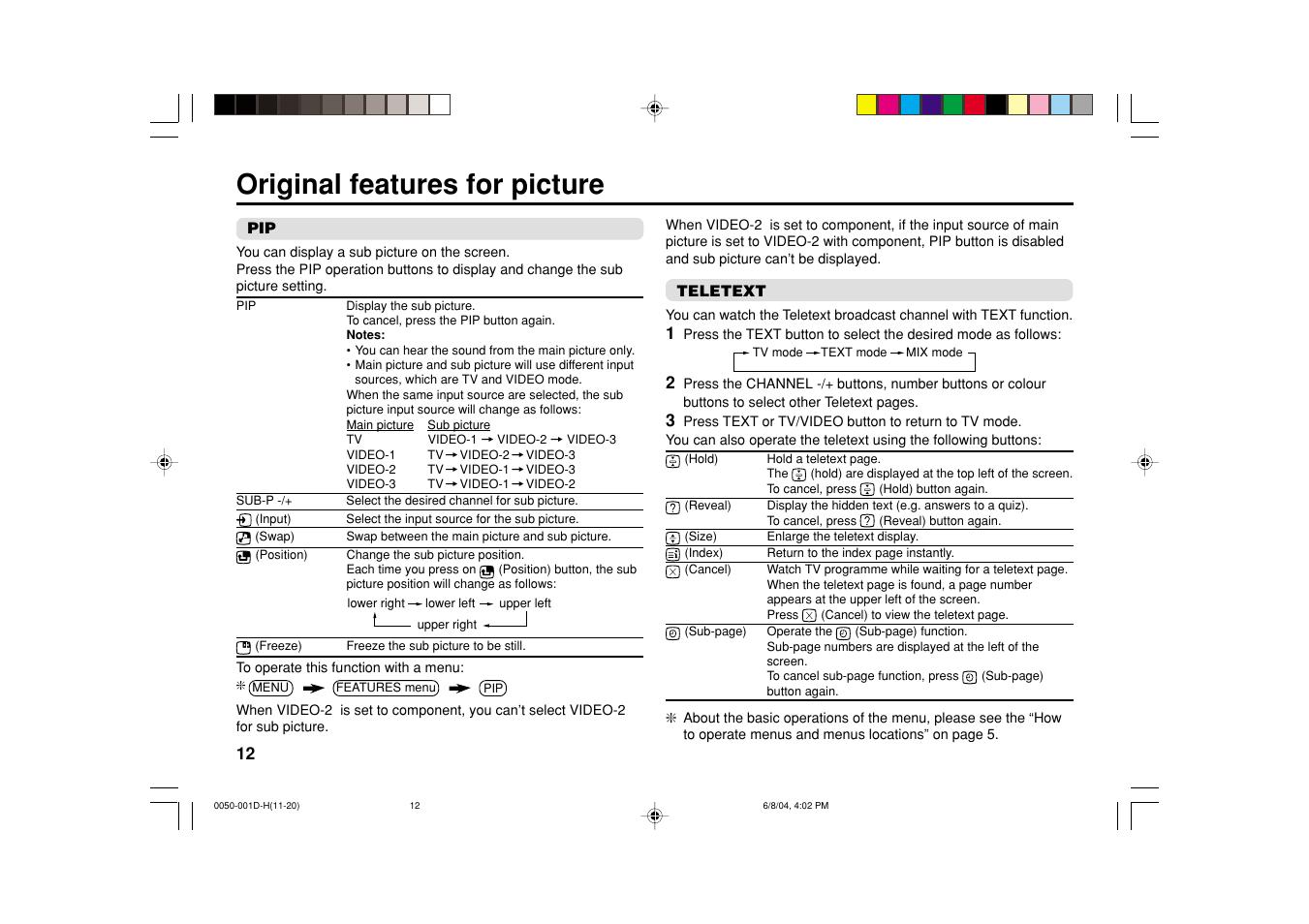 Original features for picture | JVC AV-2934LE User Manual | Page 12 / 24